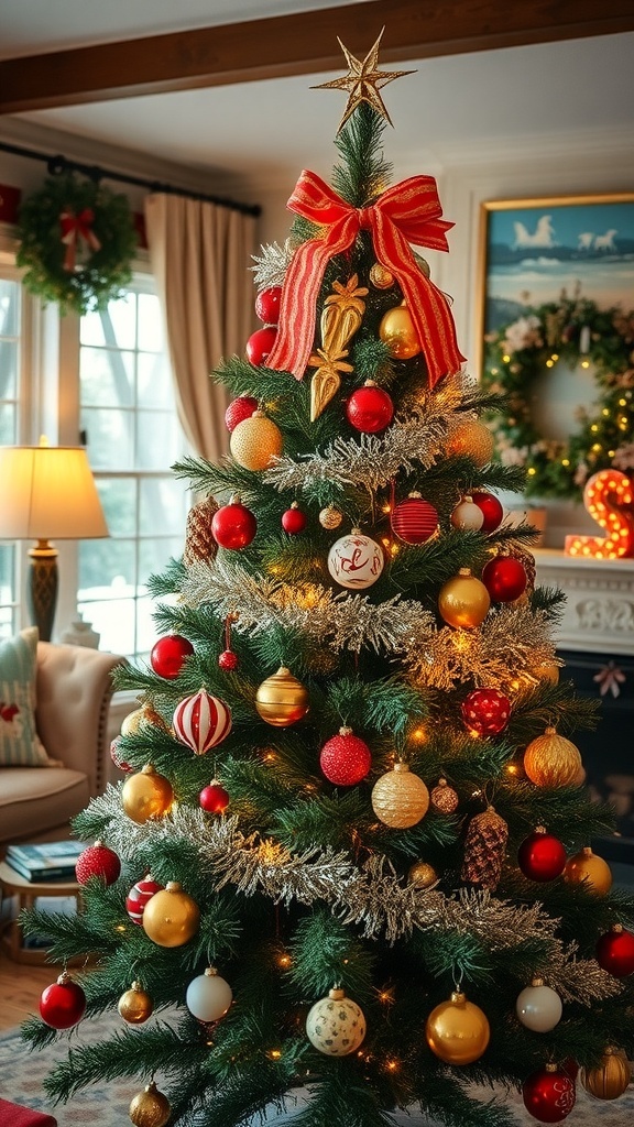 Vintage Christmas Tree Decoration Guide A vintage Christmas tree decorated with glass ornaments and tinsel in a cozy living room.